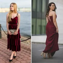 Eleganckie dodatki do bordowej sukienki na wesele: błyszcząca kopertówka, czarne szpilki lub beżowe sandałki na obcasie.