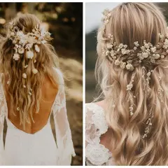 Dwie panny młode z blond włosami ozdobionymi kwiatami i liśćmi. Idealne propozycje co zamiast welonu dla boho stylizacji.