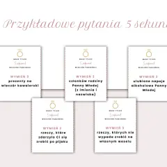 Karty z pytaniami na wieczór panieński: "Wymień 3 prezenty na wieczór kawalerski", "Wymień 3 członków rodziny Panny Młodej", "Wymień 3 ulubione napoje alkoholowe Panny Młodej", "Wymień 3 rzeczy, które zdarzyło Ci się zrobić po pijaku", "Wymień 3 rzeczy...