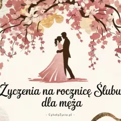 Para obejmuje się pod kwitnącą wiśnią. Piękne życzenia na rocznicę ślubu dla męża, pełne miłości i ciepła.