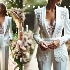 Elegancka panna młoda na wesele w spodniach, w białym garniturze z koronkowym topem.