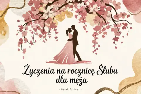 Para obejmuje się pod kwitnącą wiśnią. Piękne życzenia na rocznicę ślubu dla męża, pełne miłości i ciepła.