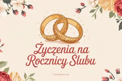 Złote obrączki i kwiaty otaczają napis "Życzenia na Rocznicy Ślubu". Idealne na 10 rocznicę ślubu cytaty znajdziesz tutaj.