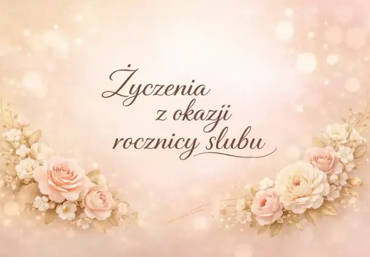 Delikatne róże i napisy "Życzenia z okazji rocznicy ślubu" na pastelowym tle.