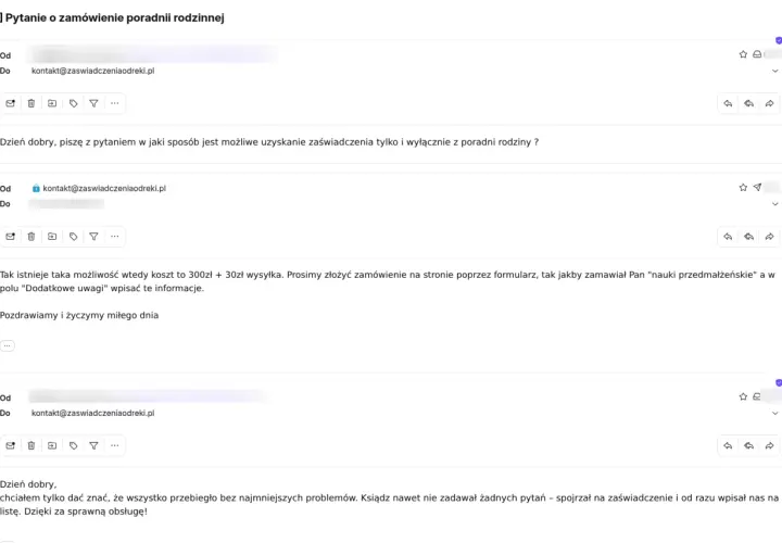Korespondencja mailowa dotycząca zamówienia zaświadczenia z poradni rodzinnej do ślubu online. Informacje o kosztach i sposobie zamówienia.
