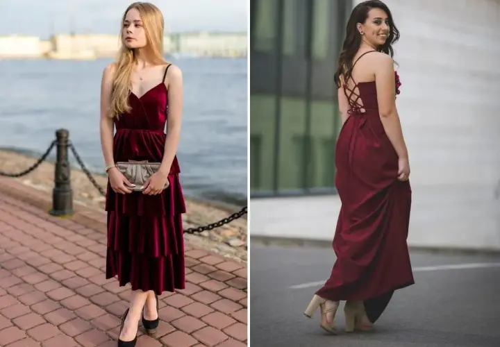 Eleganckie dodatki do bordowej sukienki na wesele: błyszcząca kopertówka, czarne szpilki lub beżowe sandałki na obcasie.