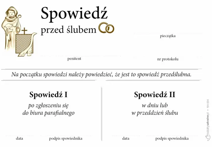 Dokument "Spowiedź przedślubna" z miejscem na dane penitenta, pieczątkę, protokół, daty i podpisy spowiednika.