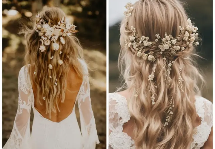 Dwie panny młode z blond włosami ozdobionymi kwiatami i liśćmi. Idealne propozycje co zamiast welonu dla boho stylizacji.