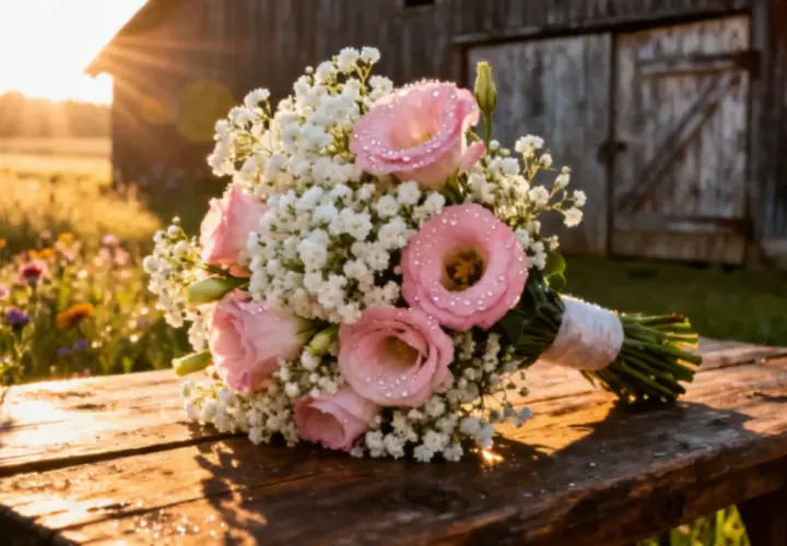 Eustoma bukiet z kroplami rosy na drewnianym stole, w tle stodoła i zachodzące słońce.