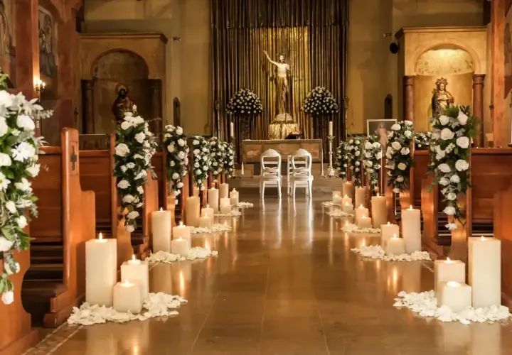 Eleganckie strojenie kościoła na ślub: białe kwiaty, płatki róż i mnóstwo świec tworzą romantyczną atmosferę.