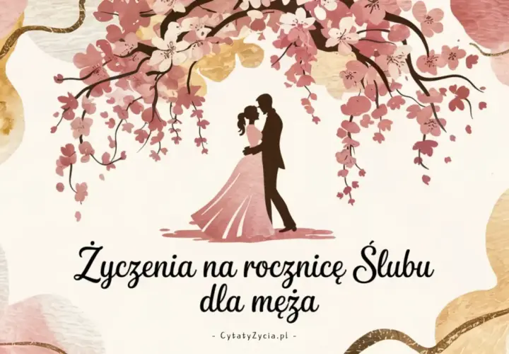 Para obejmuje się pod kwitnącą wiśnią. Piękne życzenia na rocznicę ślubu dla męża, pełne miłości i ciepła.