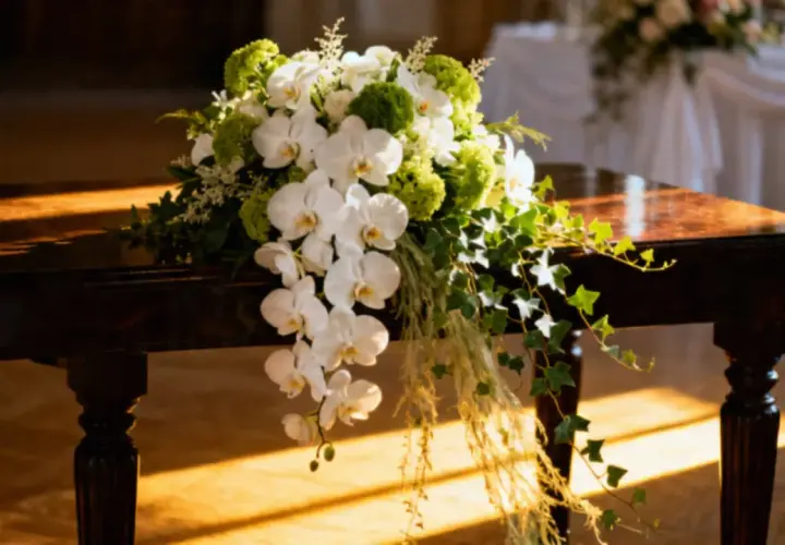 Elegancki bukiet ślubny z białych orchidei i zielonych dodatków, który może wpłynąć na bukiet ślubny cena.