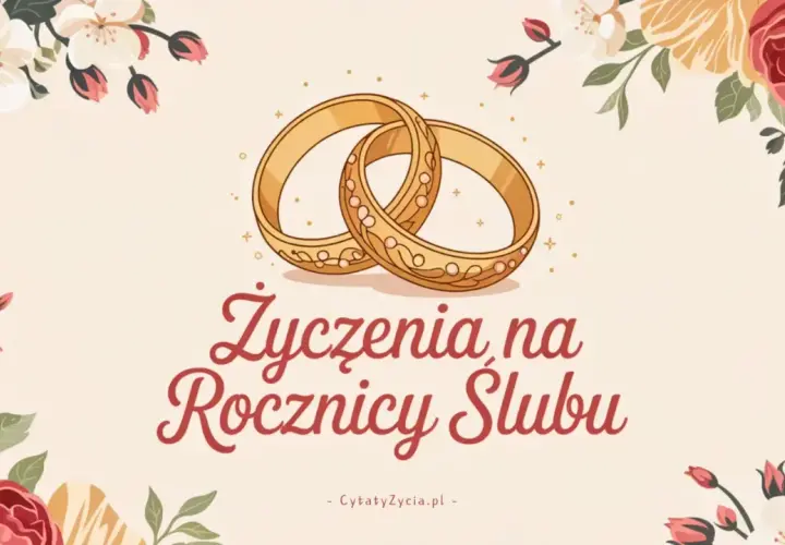 Złote obrączki i kwiaty otaczają napis "Życzenia na Rocznicy Ślubu". Idealne na 10 rocznicę ślubu cytaty znajdziesz tutaj.