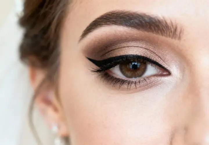 Oko kobiety z perfekcyjnym makijażem ślubnym glamour. Cienie w odcieniach brązu i złota, wyraźna kreska eyelinera i długie rzęsy.
