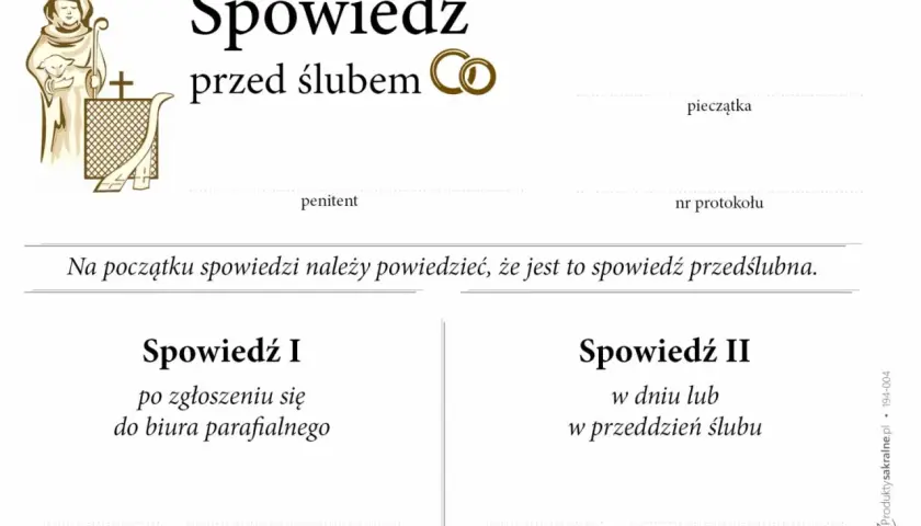 Dokument "Spowiedź przedślubna" z miejscem na dane penitenta, pieczątkę, protokół, daty i podpisy spowiednika.