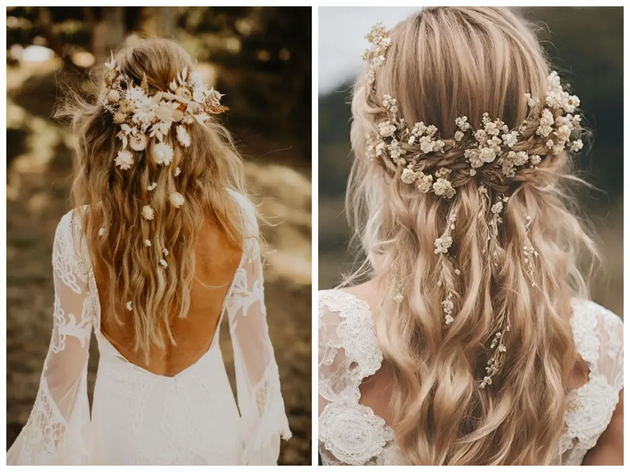 Dwie panny młode z blond włosami ozdobionymi kwiatami i liśćmi. Idealne propozycje co zamiast welonu dla boho stylizacji.