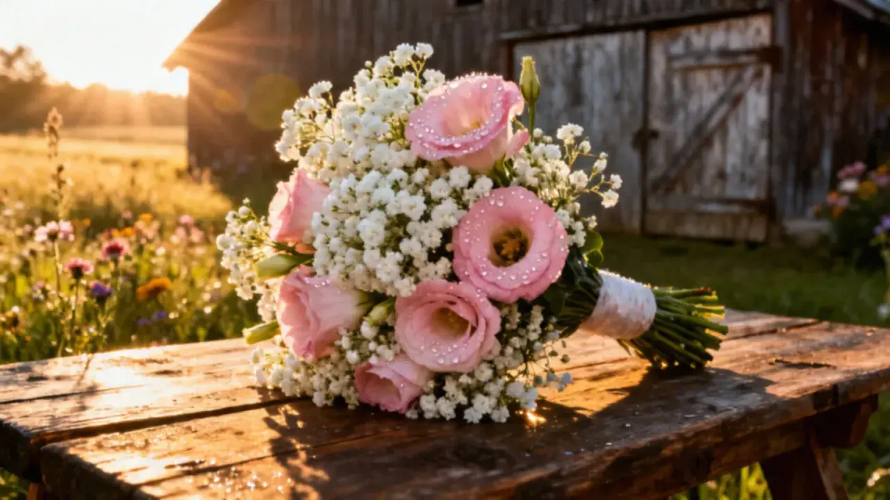 Eustoma bukiet z kroplami rosy na drewnianym stole, w tle stodoła i zachodzące słońce.