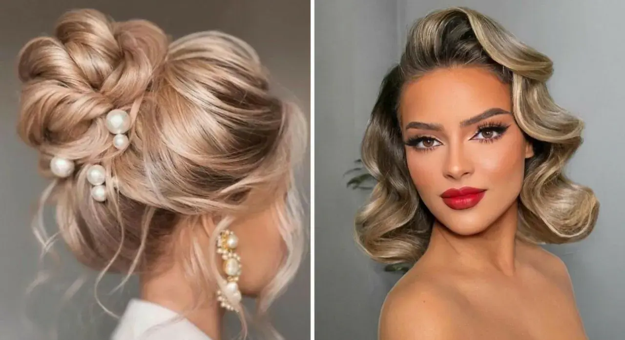 Eleganckie upięcie z perłami i fale w stylu retro – idealna fryzura na wesele dla każdej kobiety.