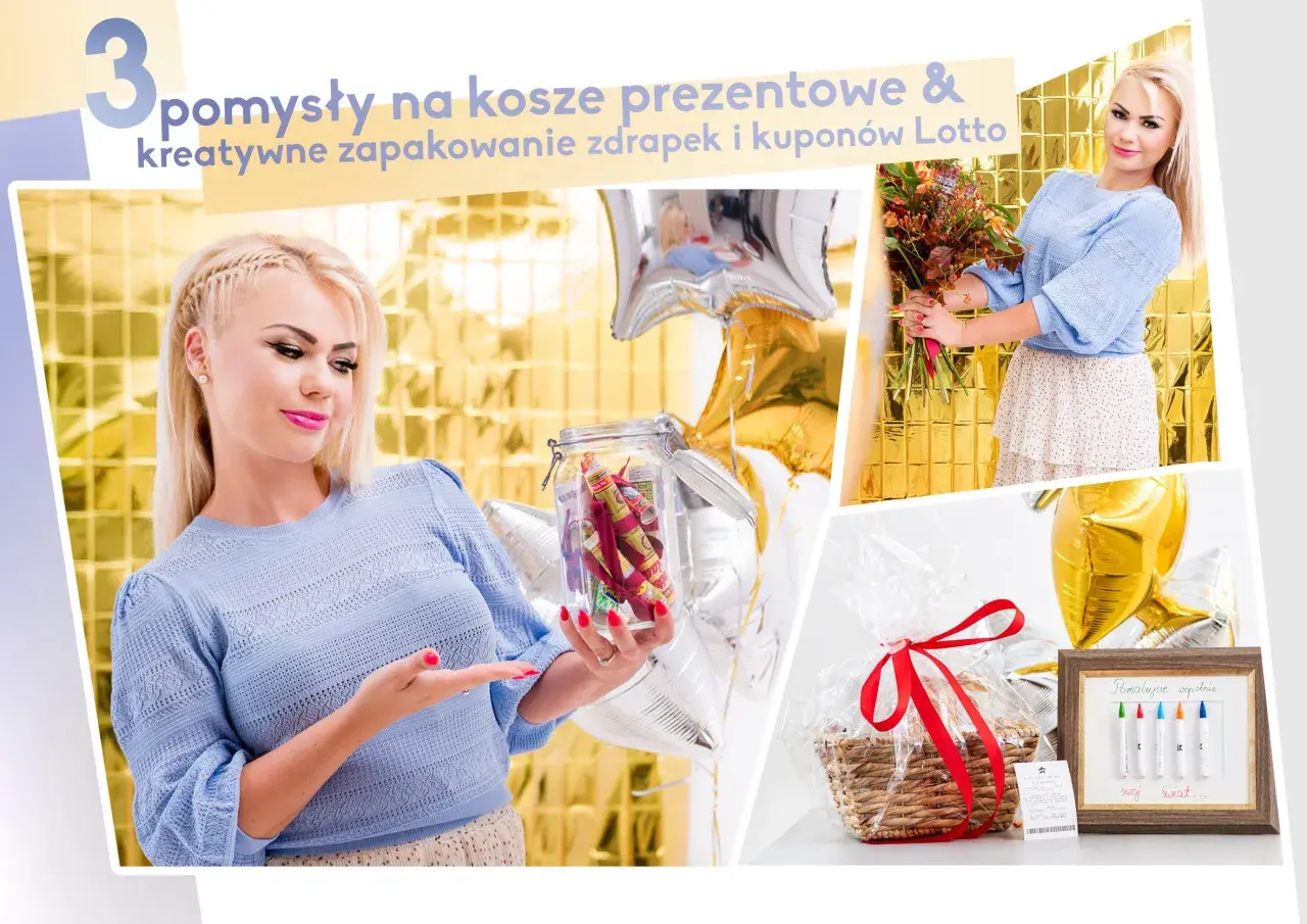 Kreatywne pomysły na kosze prezentowe: jak zapakować zdrapki i kupony Lotto w słoiku, bukiet i koszyk.