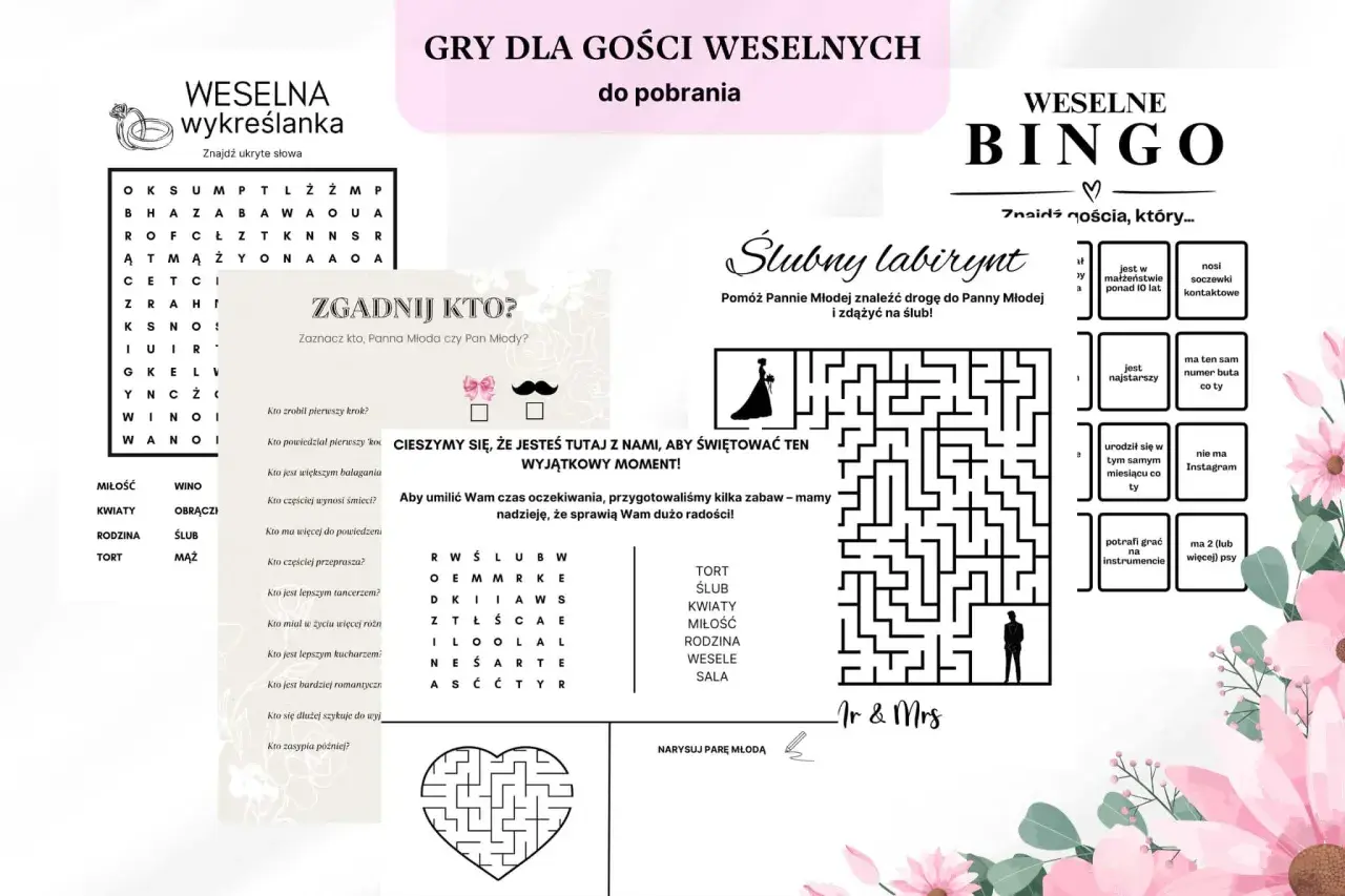 Gry weselne dla gości: wykreślanka, bingo, labirynt i zgadywanki. Zabawy, które umilą czas i sprawią radość!