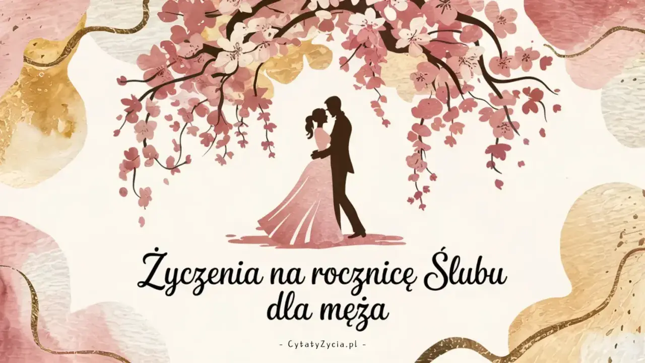 Para obejmuje się pod kwitnącą wiśnią. Piękne życzenia na rocznicę ślubu dla męża, pełne miłości i ciepła.