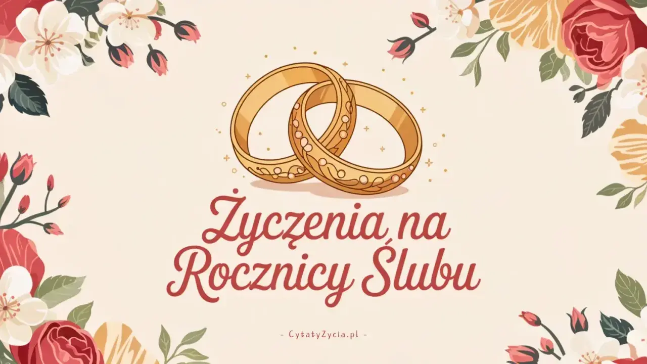 Złote obrączki i kwiaty otaczają napis "Życzenia na Rocznicy Ślubu". Idealne na 10 rocznicę ślubu cytaty znajdziesz tutaj.