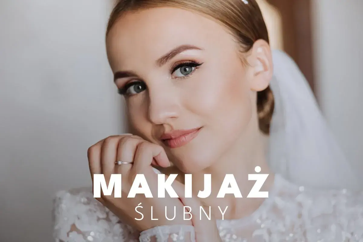 Delikatny makijaż ślubny dla 40-latki, podkreślający naturalne piękno. Panna młoda w welonie i sukni z koronki.