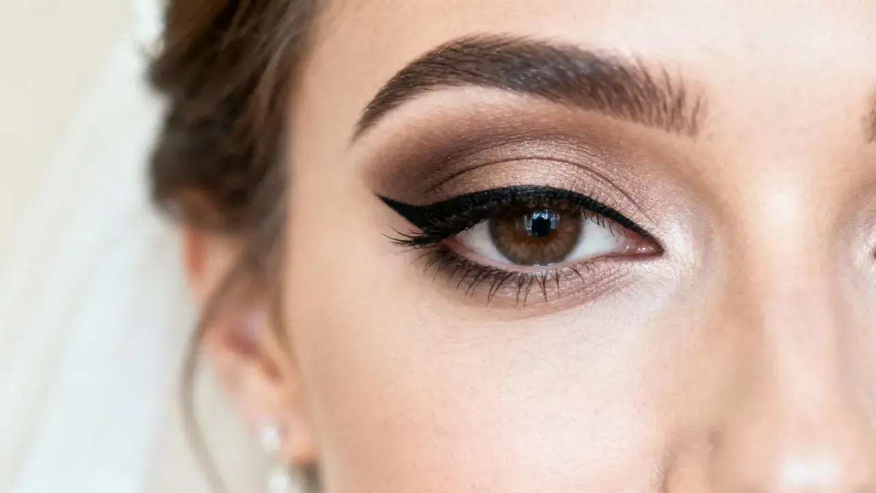 Oko kobiety z perfekcyjnym makijażem ślubnym glamour. Cienie w odcieniach brązu i złota, wyraźna kreska eyelinera i długie rzęsy.