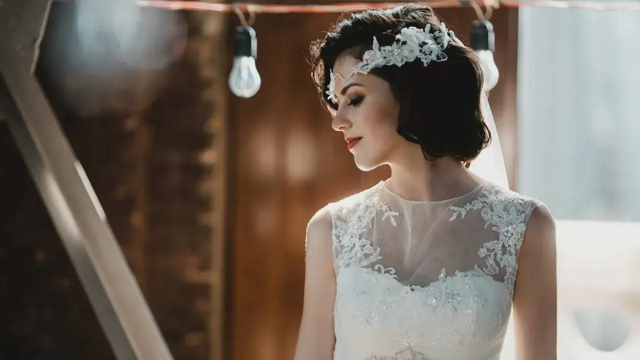 Panna młoda z krótkimi włosami w stylu boho, ozdobionymi kwiatową opaską, w białej sukni z koronkowymi detalami.