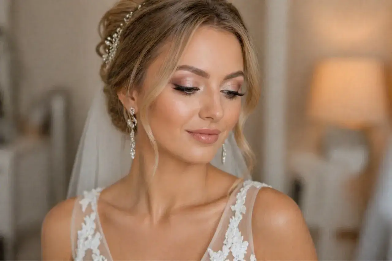 Olśniewająca panna młoda z makijażem ślubnym glamour, w welonie i biżuterii.