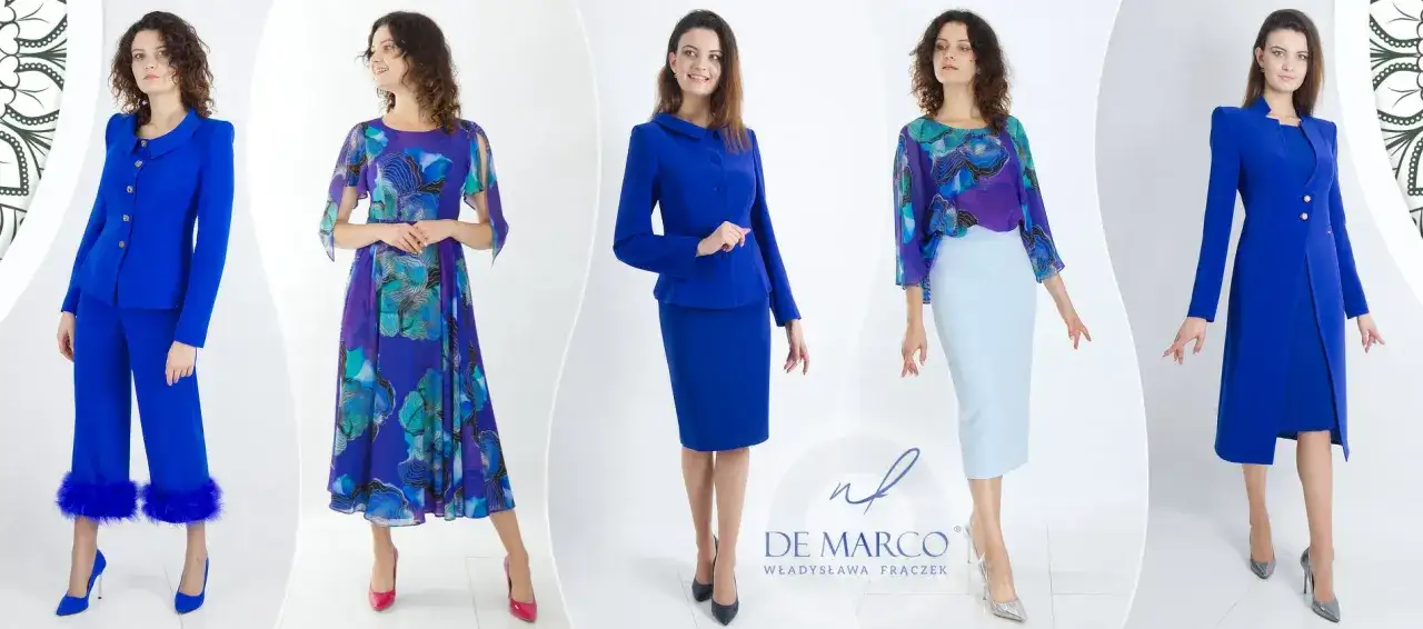 Eleganckie stylizacje na wesele: kobaltowe garnitury, kwieciste sukienki i pastelowe zestawy. Inspiracje od De Marco.