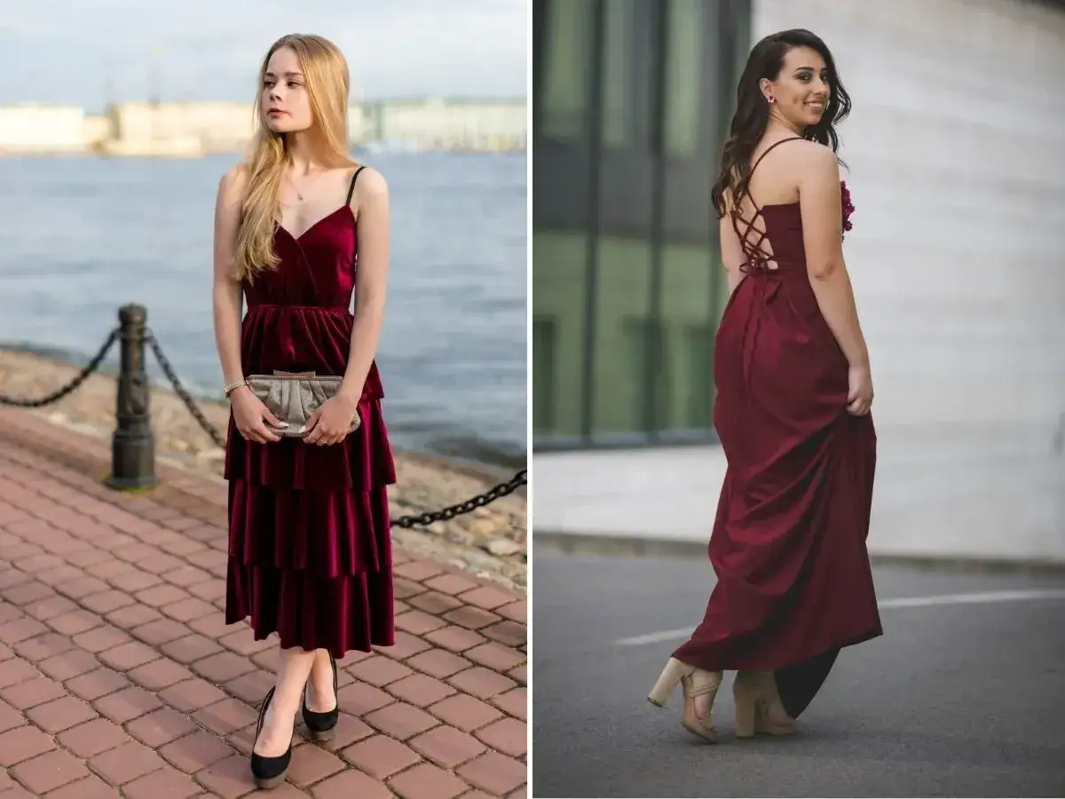 Eleganckie dodatki do bordowej sukienki na wesele: błyszcząca kopertówka i czarne szpilki lub beżowe sandałki na obcasie.